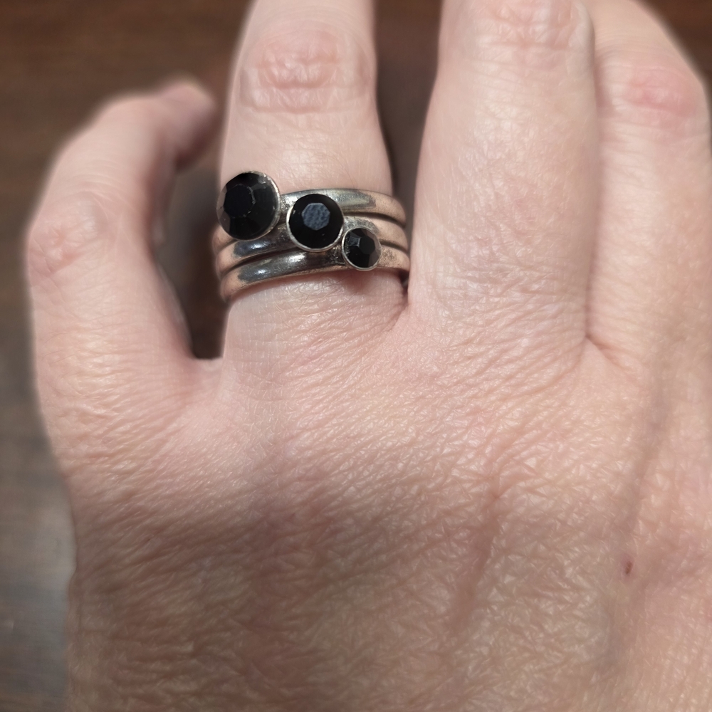 Pilgrim Silver Tone Rings with Black Stones Size 6.5
